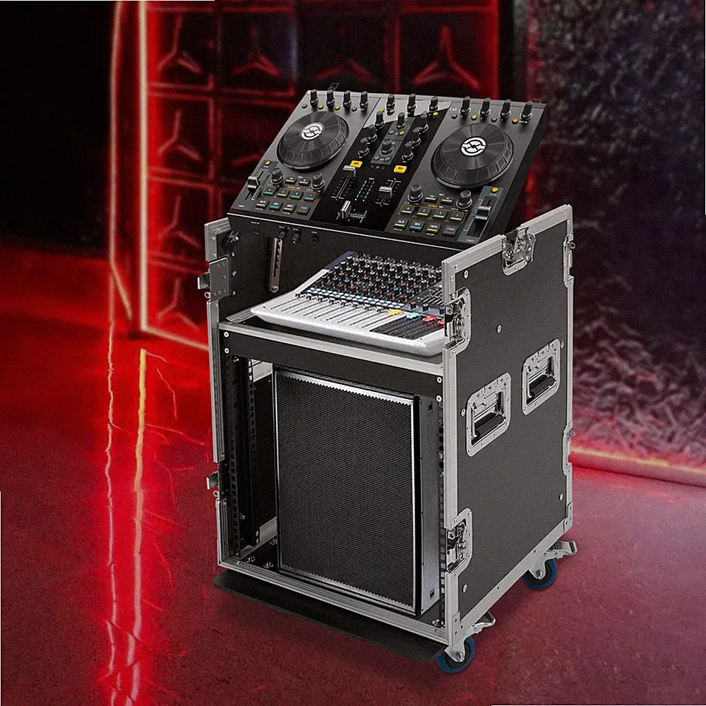 10U PA DJ Rack Road Case with 11U Slant Mixer Top Studio 2 Tiers Rolling Casters