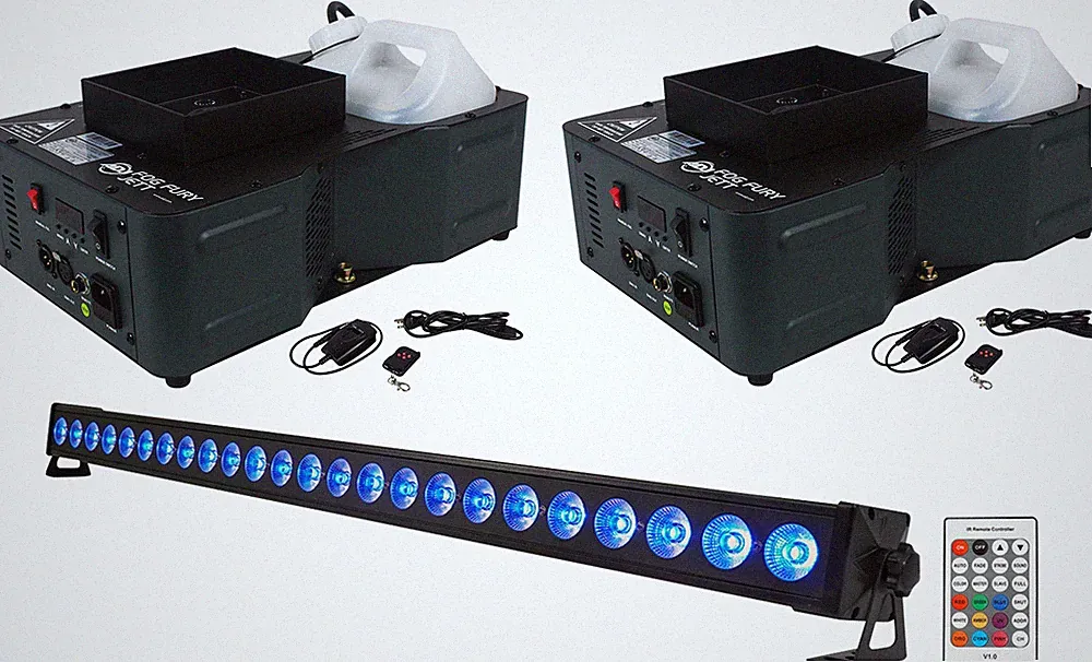 (2) American DJ Fog Fury Jett DMX Vertical Fog Machines+Rechargeable Light Bar