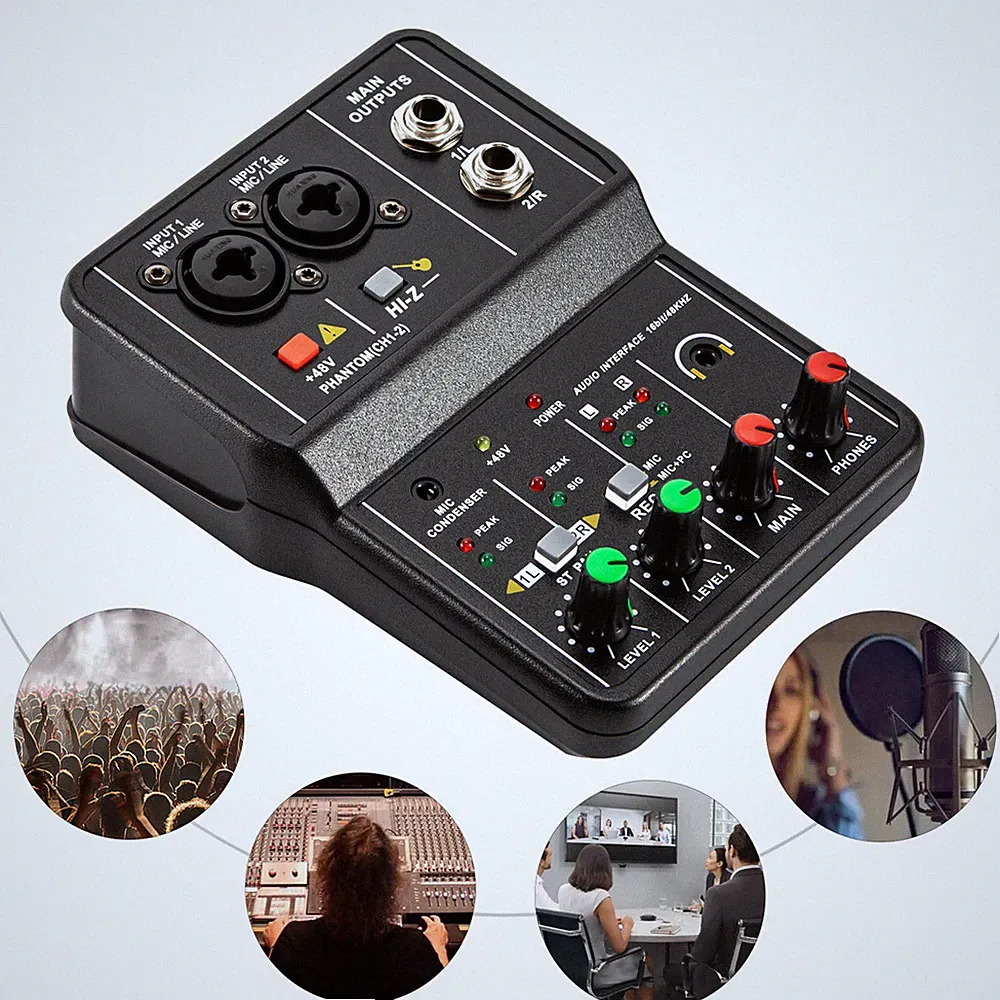 2 Channel Mini Audio Mixer Bluetooth USB DJ Console + Sound Card Studio Mixer