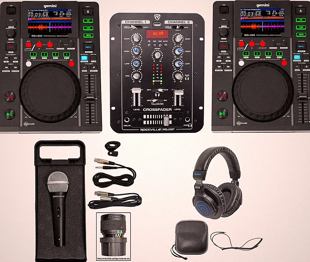2) Gemini MDJ-600 USB/CD Media Players DJ MIDI Controllers+Mixer+Mic+Headphones