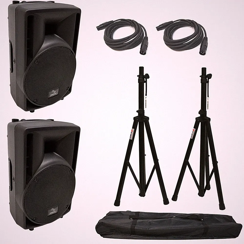 (2) Harmony Audio HA-C8A Pro DJ 8" Powered 300W PA Speaker XLR Cable & (2) Stand