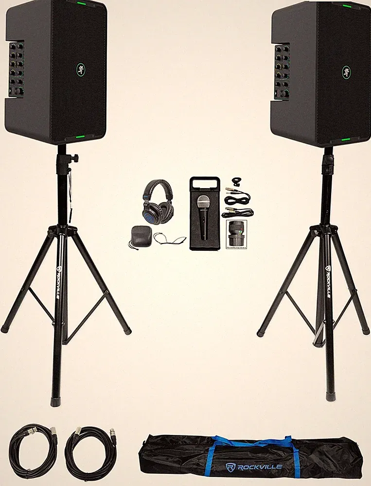 2) Mackie ShowBox Rechargeable 8" DJ PA Bluetooth Speakers+Stands+Mic+Headphones