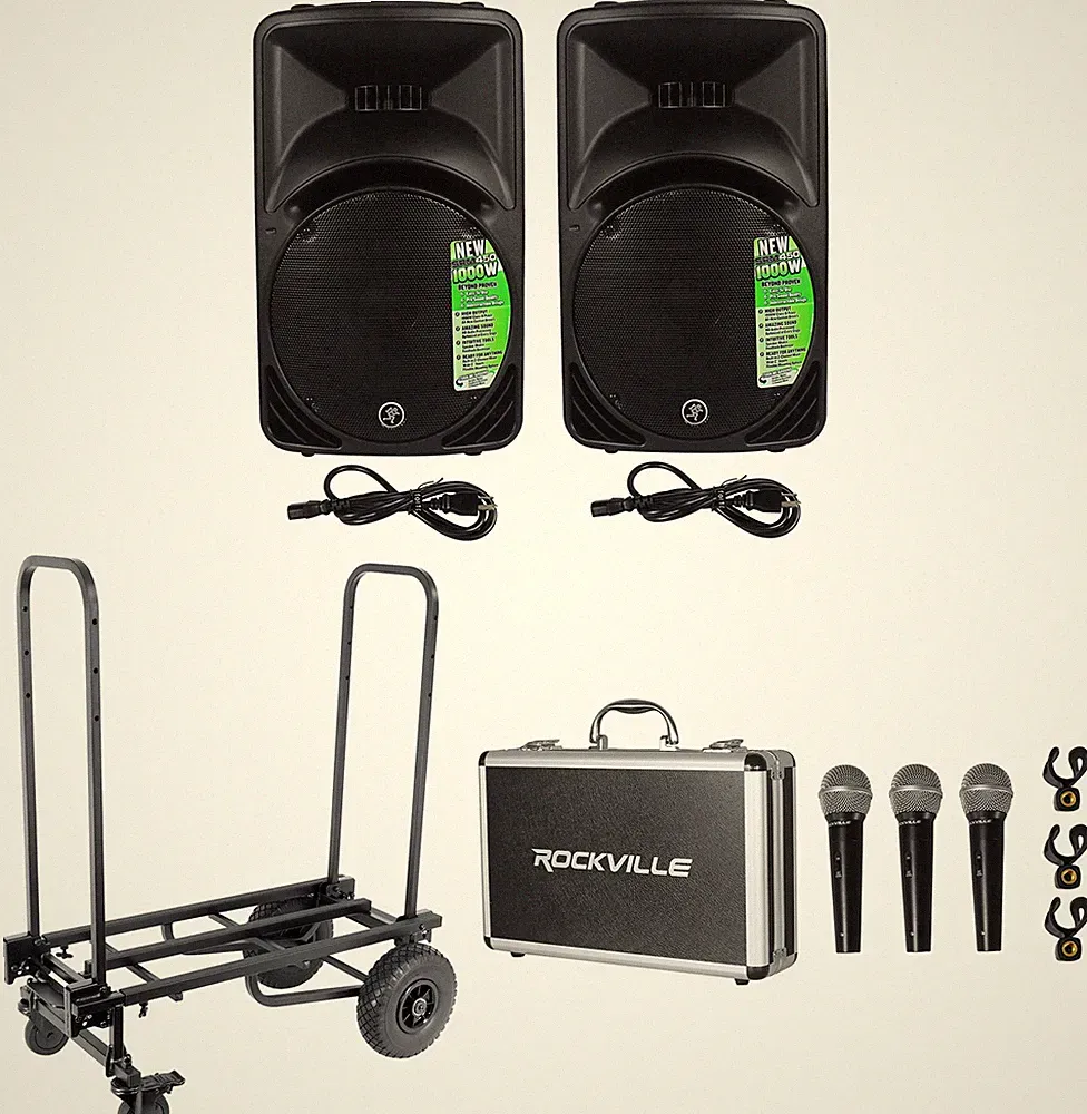2) Mackie SRM450V3 SRM450-V3 1000w 12" Powered Speakers+Transport Cart+3) Mics