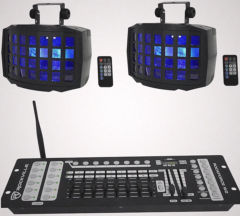 (2) Rockville BD20 Battery Powered Wireless DMX DJ Party Derby Lights+Controller