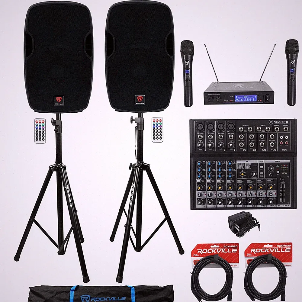 (2) Rockville BPA15 15" 1600w Active PA/DJ Speakers+Mixer+Mic+Stands+Cables+Bag