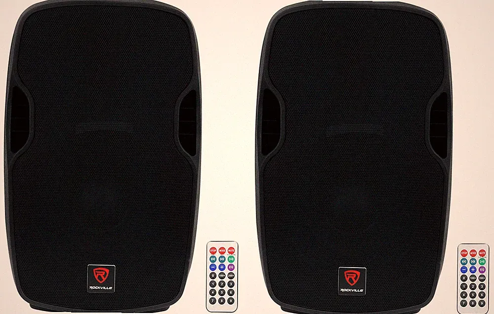 (2) Rockville BPA15 15" Professional Powered 800 Watt DJ PA Speakers w Bluetooth