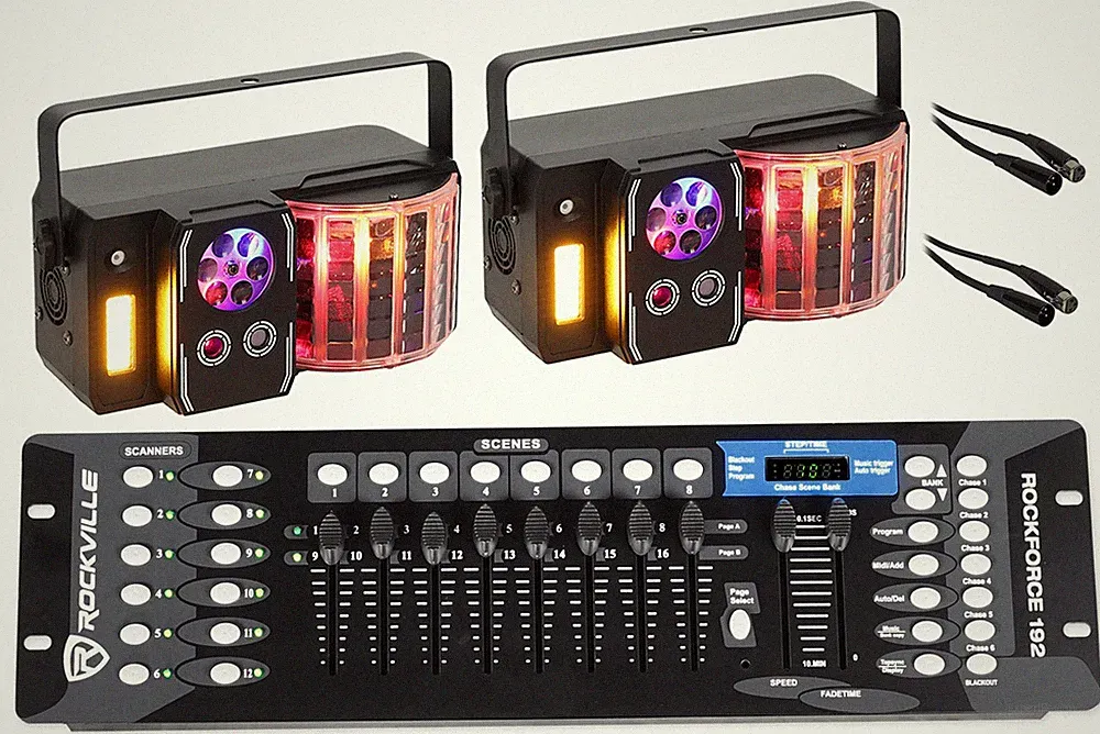 (2) Rockville INSTA PARTY 51 Derby/Laser/Strobe DJ Effect Lights+DMX Controller