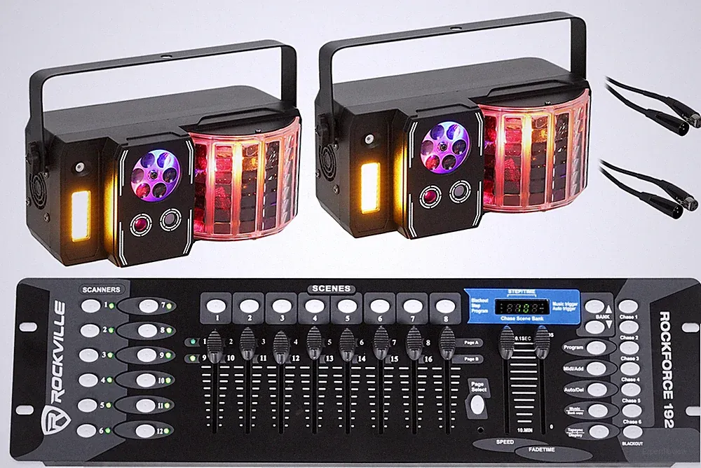 (2) Rockville INSTA PARTY 51 Derby/Laser/Strobe DJ Effect Lights+DMX Controller