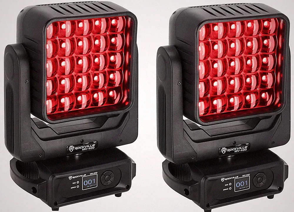 (2) Rockville MV-400 Moving Head DJ Matrix Wash Lights, 400w, Strobe, DMX 512
