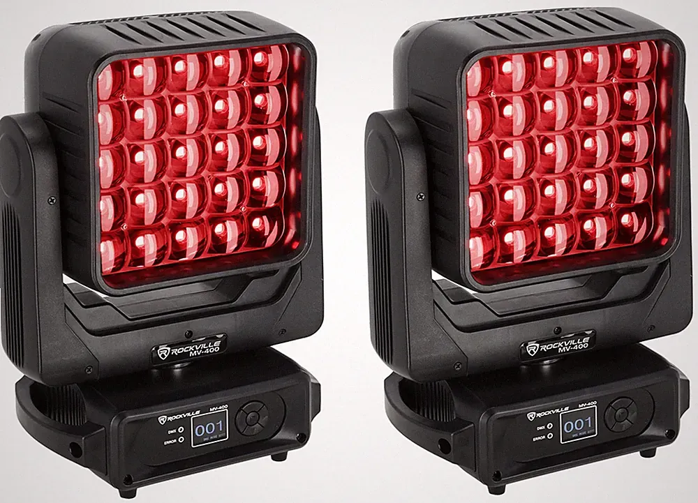 (2) Rockville MV-400 Moving Head DJ Matrix Wash Lights, 400w, Strobe, DMX 512