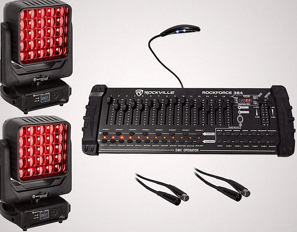 (2) Rockville MV-400 Moving Head DJ Matrix Wash Lights+DMX Controller+Cables
