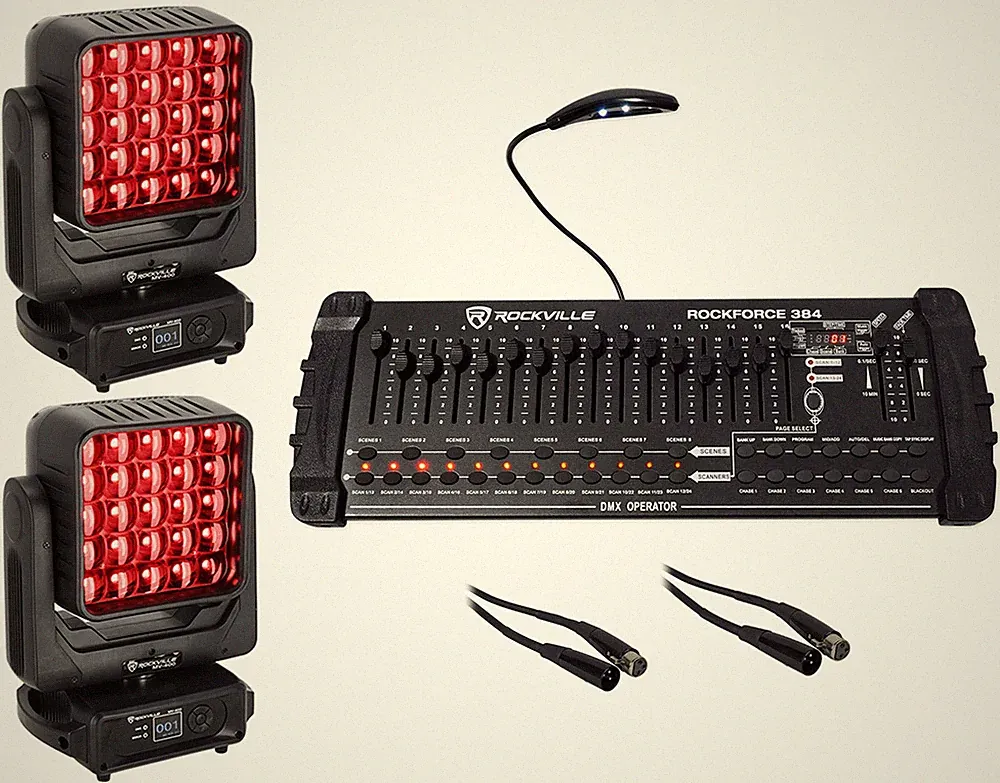 (2) Rockville MV-400 Moving Head DJ Matrix Wash Lights+DMX Controller+Cables