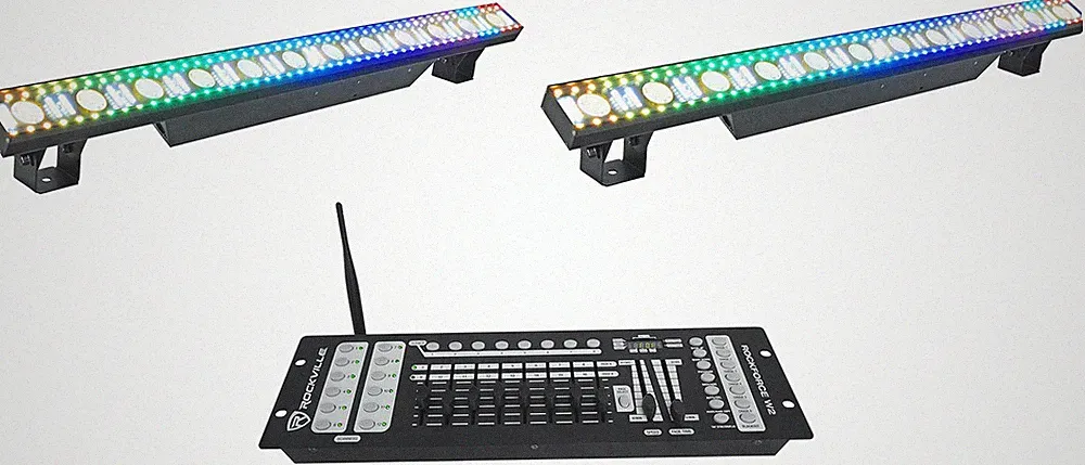 2) Rockville Pixel Hybrid Bar Battery Power Light Strips+Wireless DMX Controller