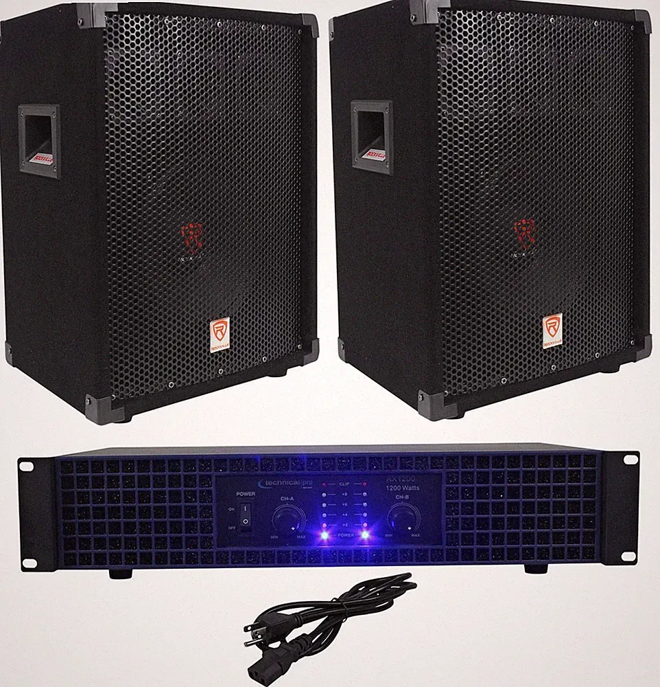 2) Rockville RSG10 10" PA Speakers+Technical Pro AX1200 1200w Power DJ Amplifier