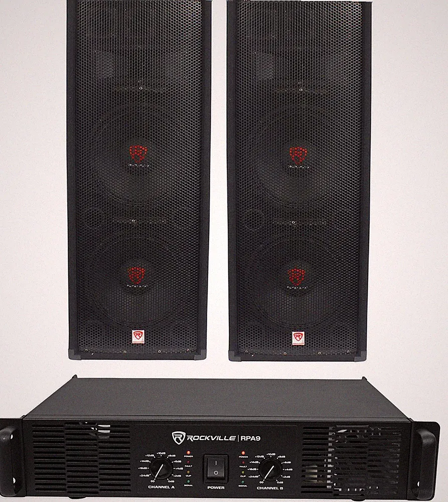 2) Rockville RSG12.28 Dual 12” 2000W PA Speakers+Rockville RPA9 DJ Amplifier Amp