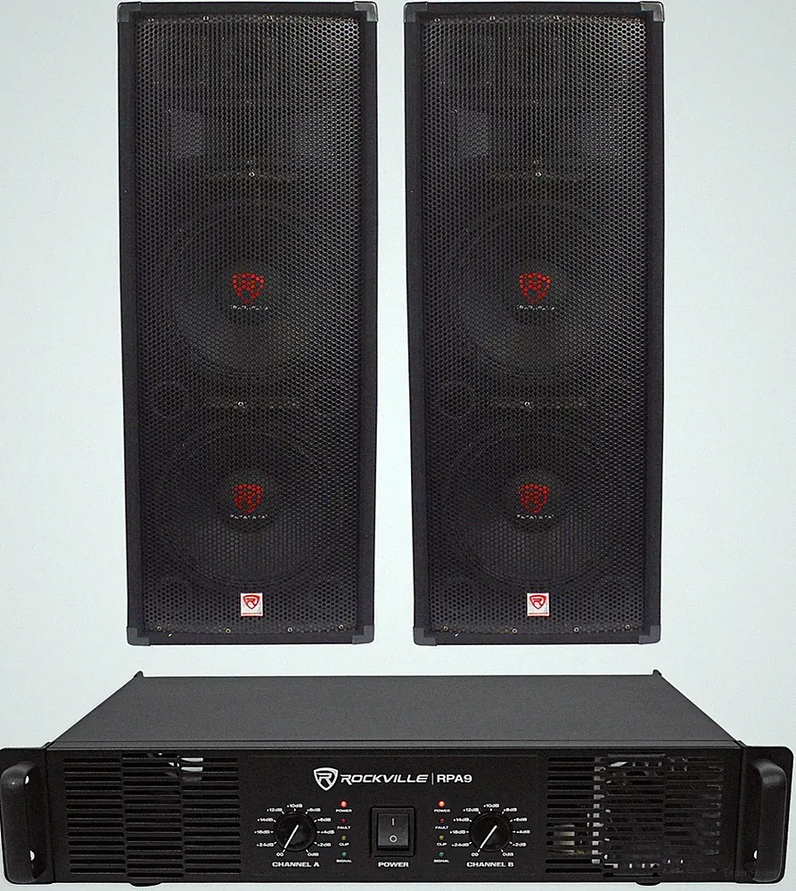 2) Rockville RSG12.28 Dual 12” 2000W PA Speakers+Rockville RPA9 DJ Amplifier Amp