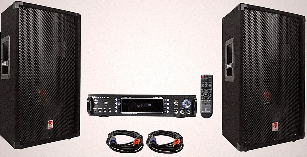 (2) Rockville RSG12.4 12” 3-Way 1000w DJ PA Speakers+Bluetooth Amplifier+Cables