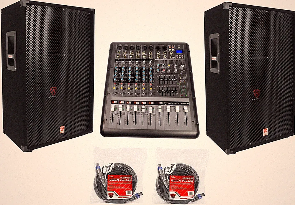 2) Rockville RSG15 15” 3-Way 3000w DJ/Pro Audio PA Speakers+Powered Mixer+Cables