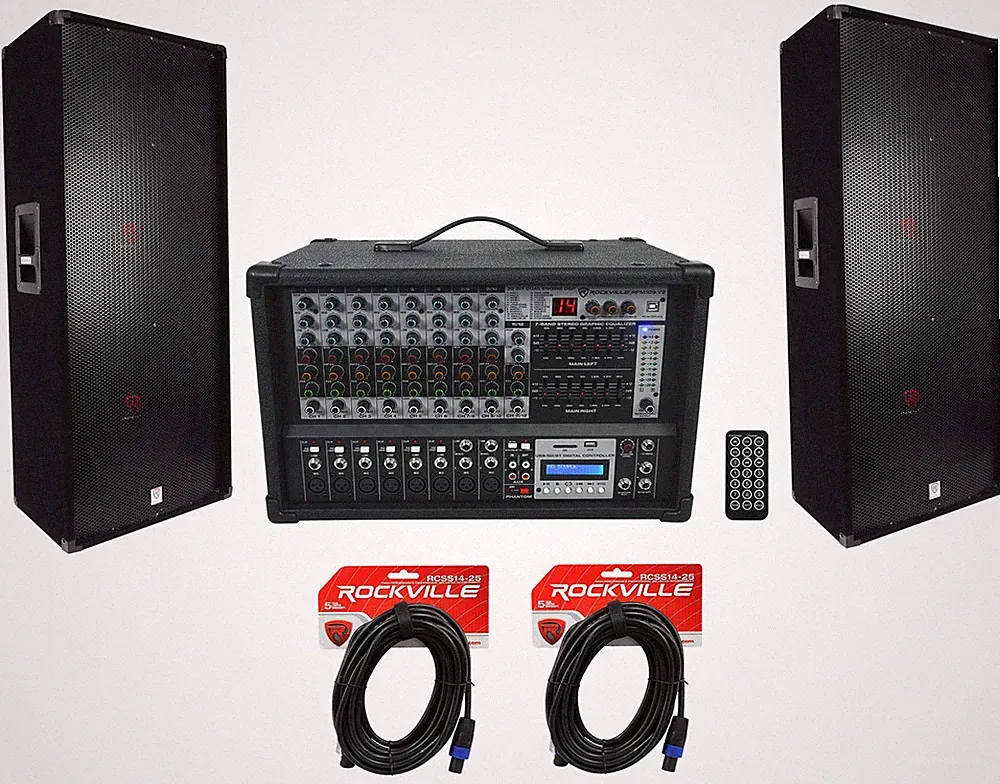 2 Rockville RSG15.24 Dual 15” 3000w 3-Way DJ/Pro PA Speakers+Powered Mixer w/USB