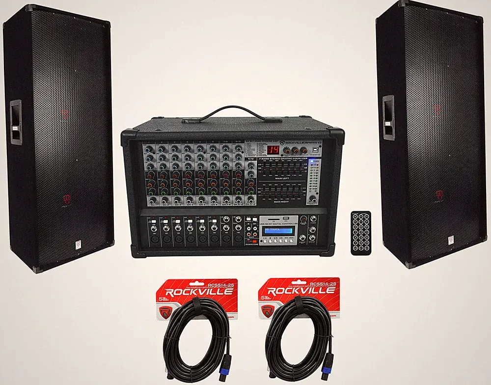 2 Rockville RSG15.24 Dual 15” 3000w 3-Way DJ/Pro PA Speakers+Powered Mixer w/USB