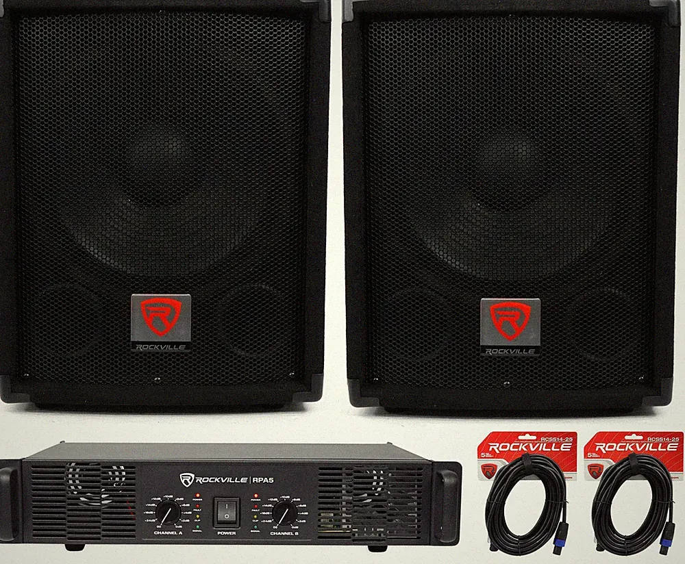 (2) Rockville SBG1128 12" 1200W Pro DJ Subwoofers + RPA5 1000w Amplifier+Cables