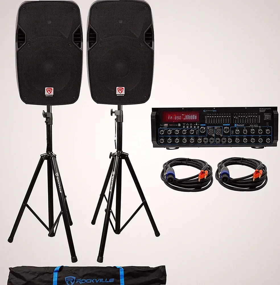 (2) Rockville SPGN124 12" 1200W DJ PA Speakers+Bluetooth Amplifier/Mixer+Stands