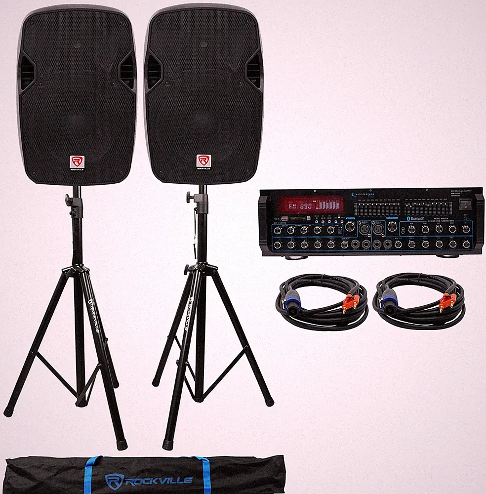 (2) Rockville SPGN124 12" 1200W DJ PA Speakers+Bluetooth Amplifier/Mixer+Stands
