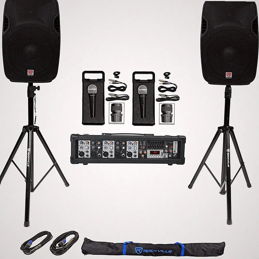 (2) Rockville SPGN158 15" 3200w DJ PA Speakers+5-Ch. Powered Mixer+Mics+Stands