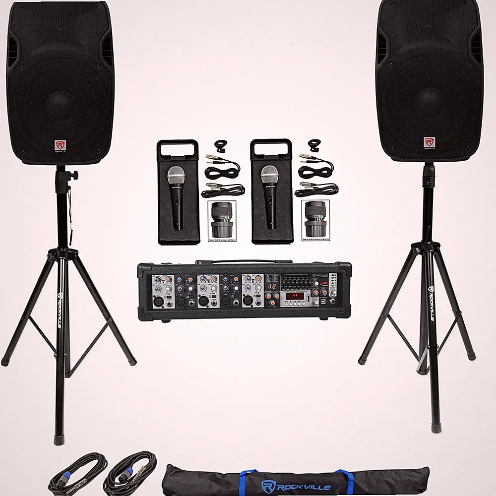 (2) Rockville SPGN158 15" 3200w DJ PA Speakers+5-Ch. Powered Mixer+Mics+Stands