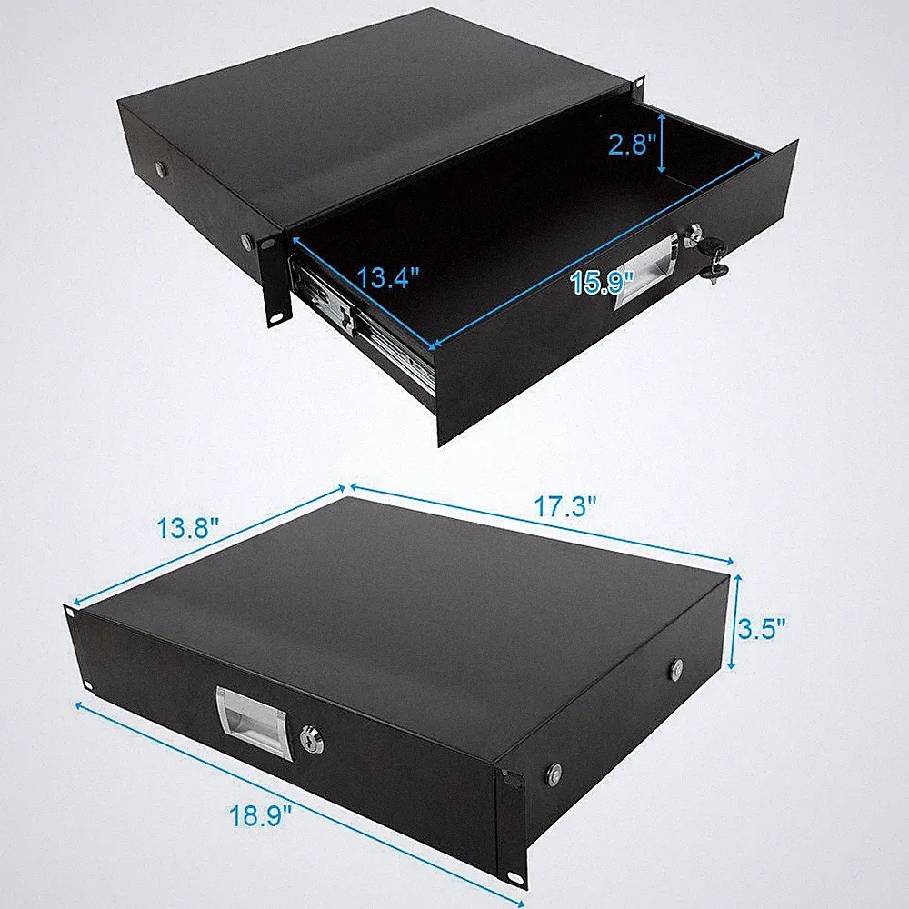 2U Pro Rack Case 19" Steel Plate DJ Drawer Equipment Cabinet w/Key Black High Qu
