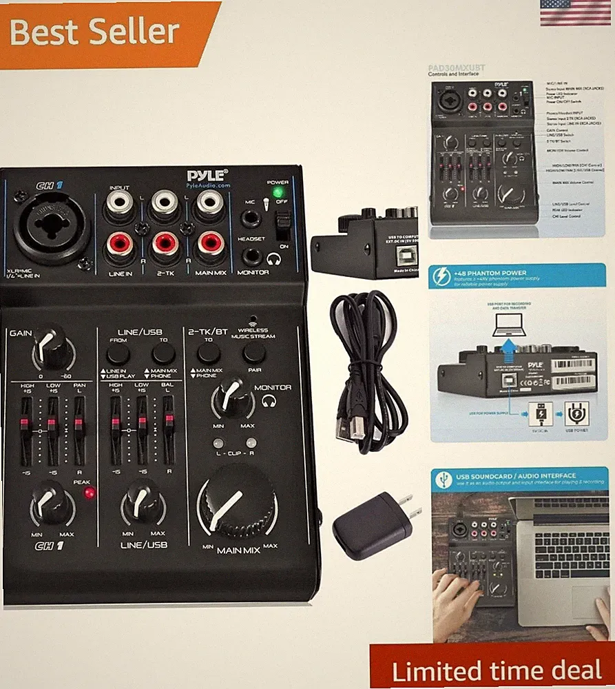 3 Channel Bluetooth Audio Mixer - DJ Sound Controller Interface with USB...