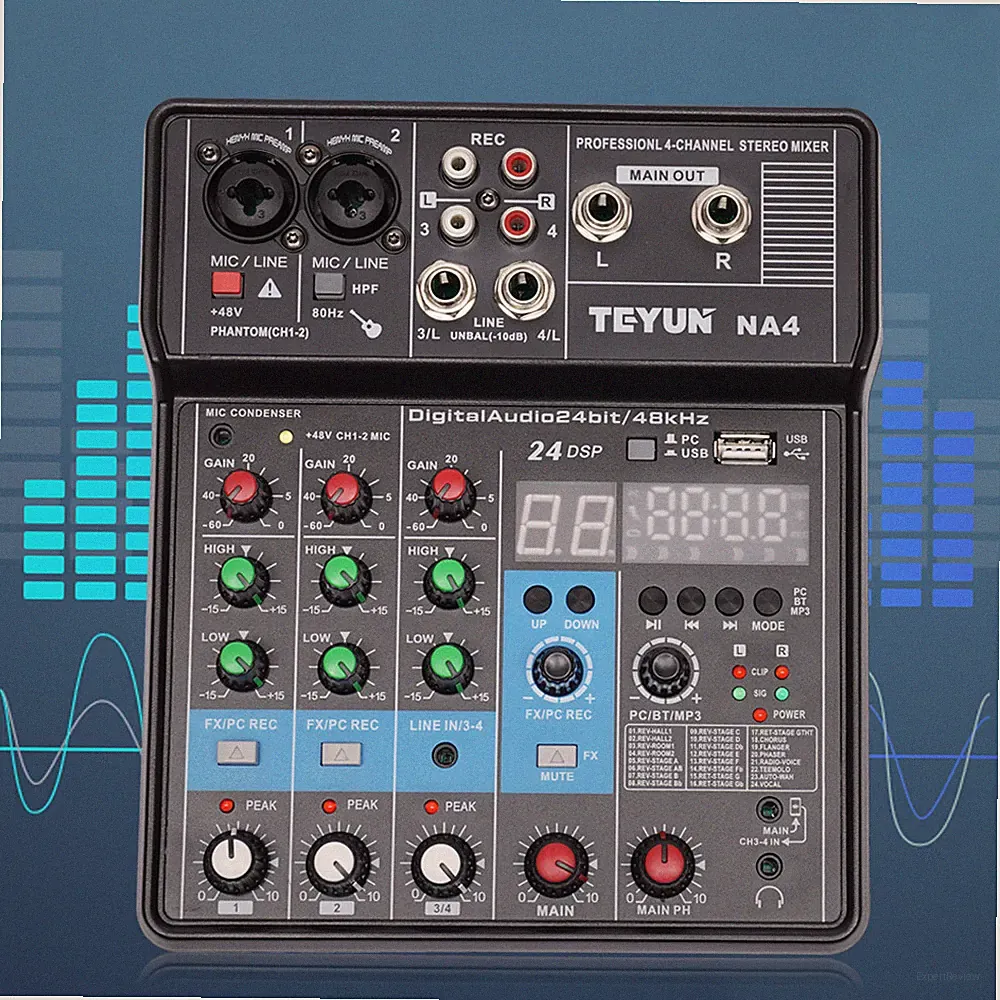 4/2 Channel Mini Audio Mixer Bluetooth USB DJ Console + Sound Card Studio Mixer