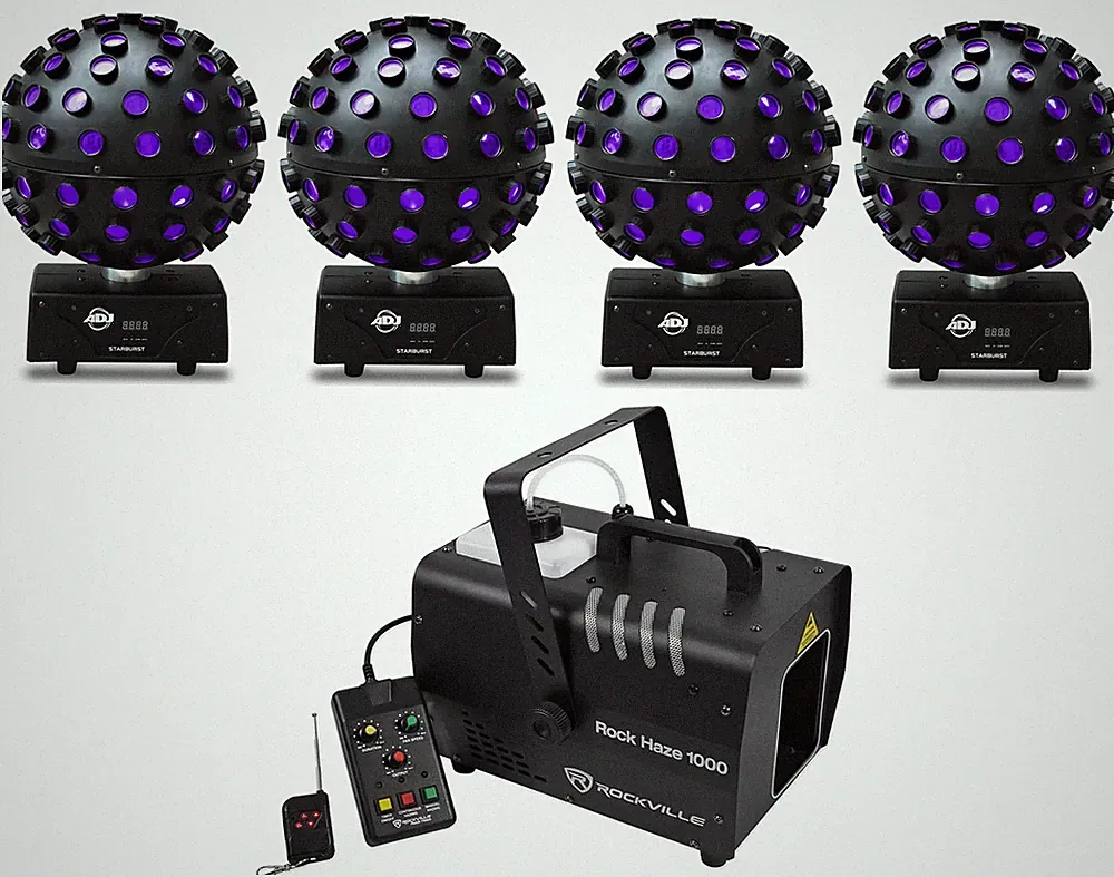 4) American DJ ADJ Starburst LED Spheres Shooting Beam Light Effect+Haze Machine