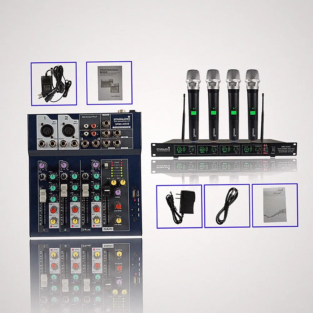 4-Channel Audio DJ Mixer Mini Stereo Stage Mixing 4CH Wireless Microphone System