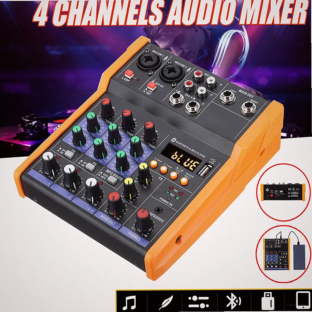 4 Channel Mini USB DJ Studio Audio Mixer Board BT Sound Mixing Console Amplifier