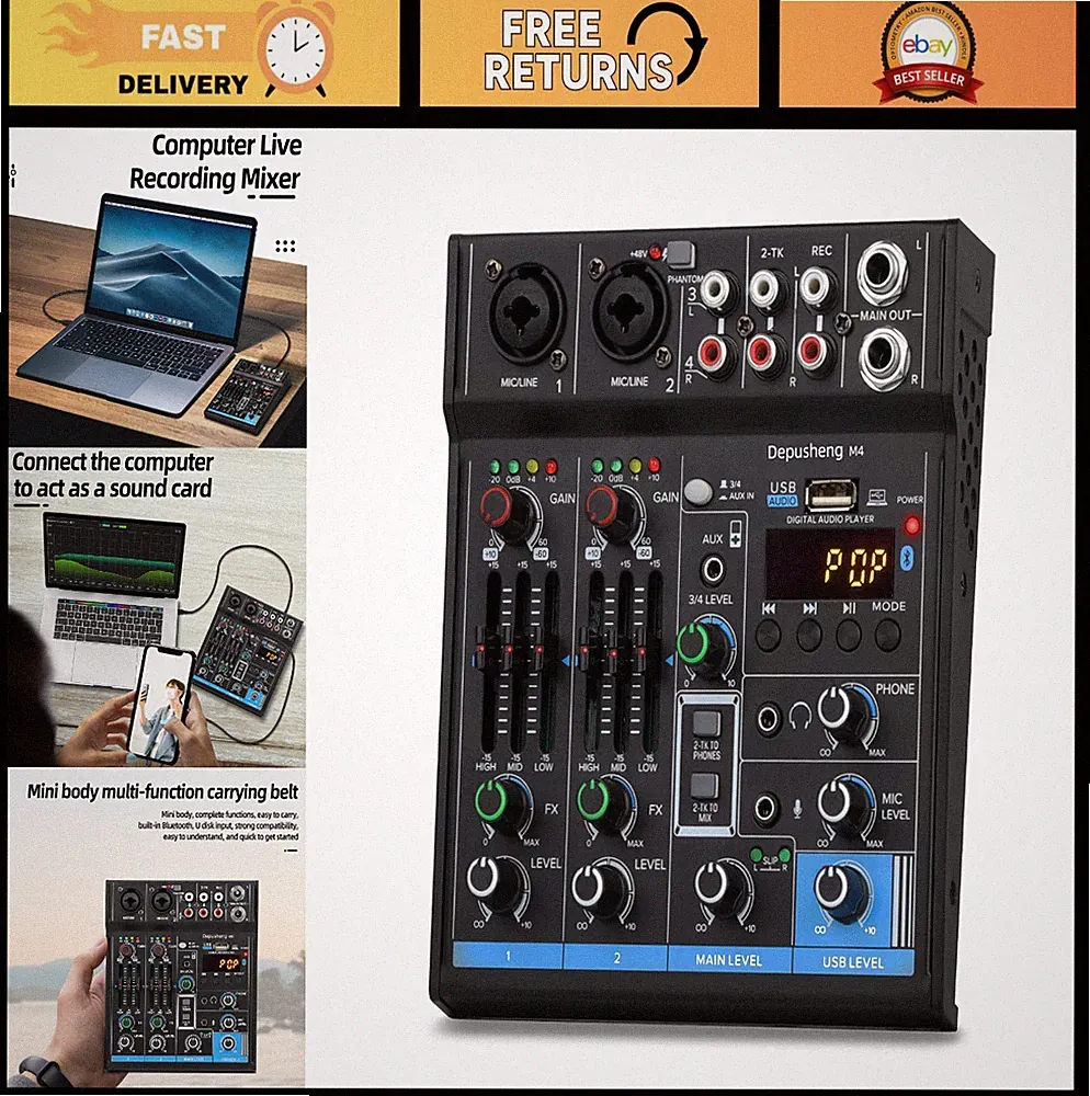 4 Channel USB Mixer, DJ Sound Controller, Portable Audio Mixing Console, Bluetoo
