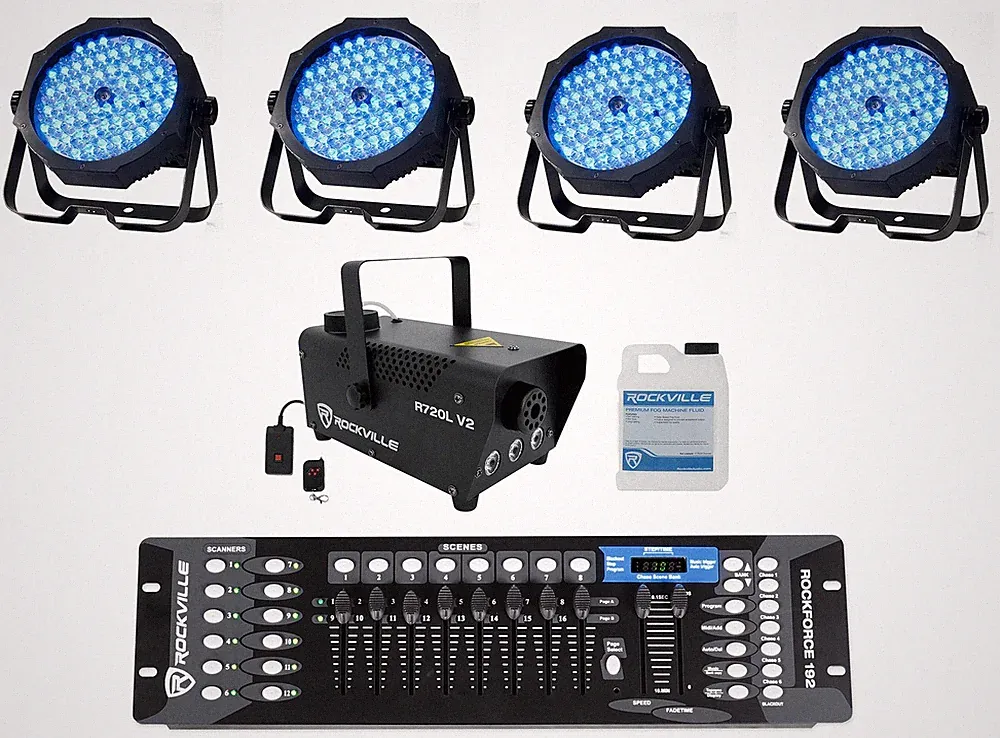 (4) Eliminator ADJ MEGA GO PAR 64E RGB+UV Par Wash Lights+DMX Controller+Fogger