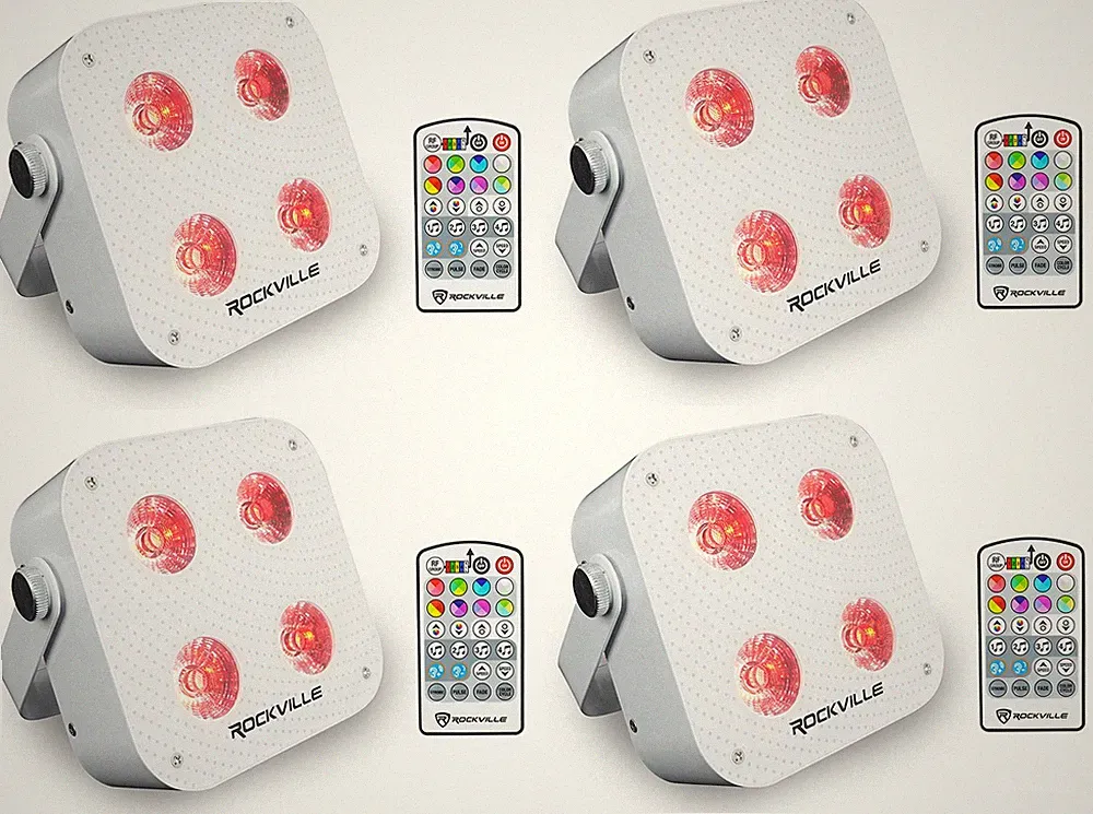 (4) Rockville MINI RF4 V2 White DJ/Party Wash Lights+RF Remote+APP+Wireless DMX
