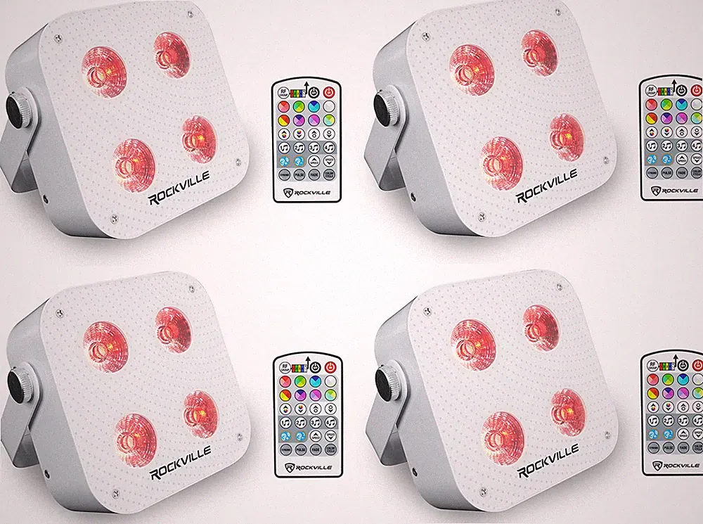 (4) Rockville MINI RF4 V2 White DJ/Party Wash Lights+RF Remote+APP+Wireless DMX