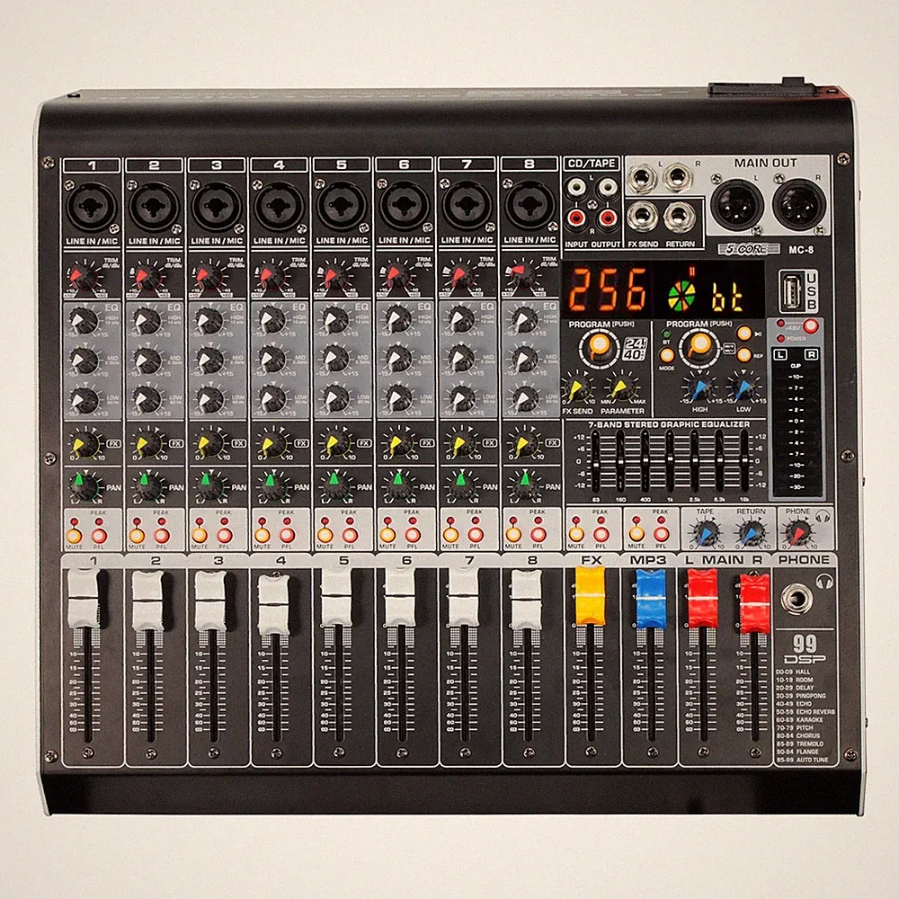 5Core Audio Mixer 8 Channel DJ Soundboard USB Interface Bluetooth XLR Console