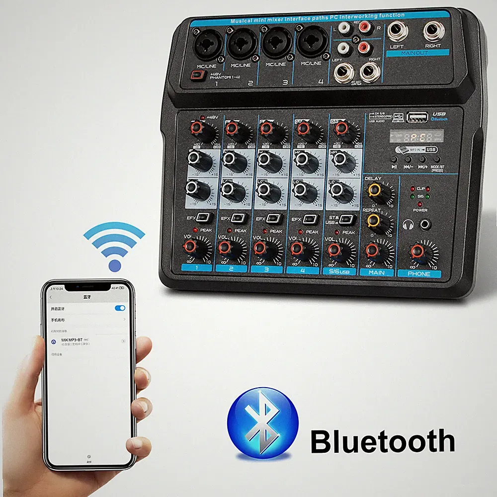 6 Channel Audio Mixer Bluetooth Mixing Console For DJ Karaoke Live Podcast USB