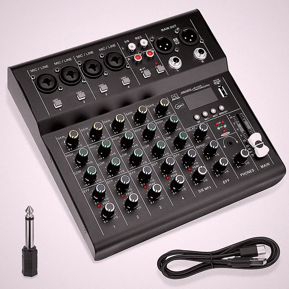 6-Channel Audio Mixer DJ Console For Beginners Podcast 48V Phantom Power DSP