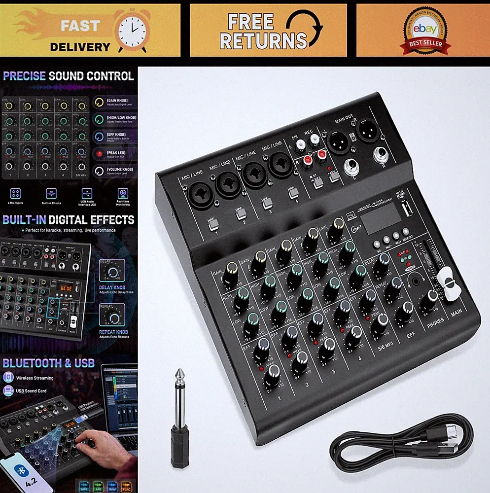 6-Channel Audio Mixer for Beginners, Bluetooth USB/MP3, DJ Sound Card