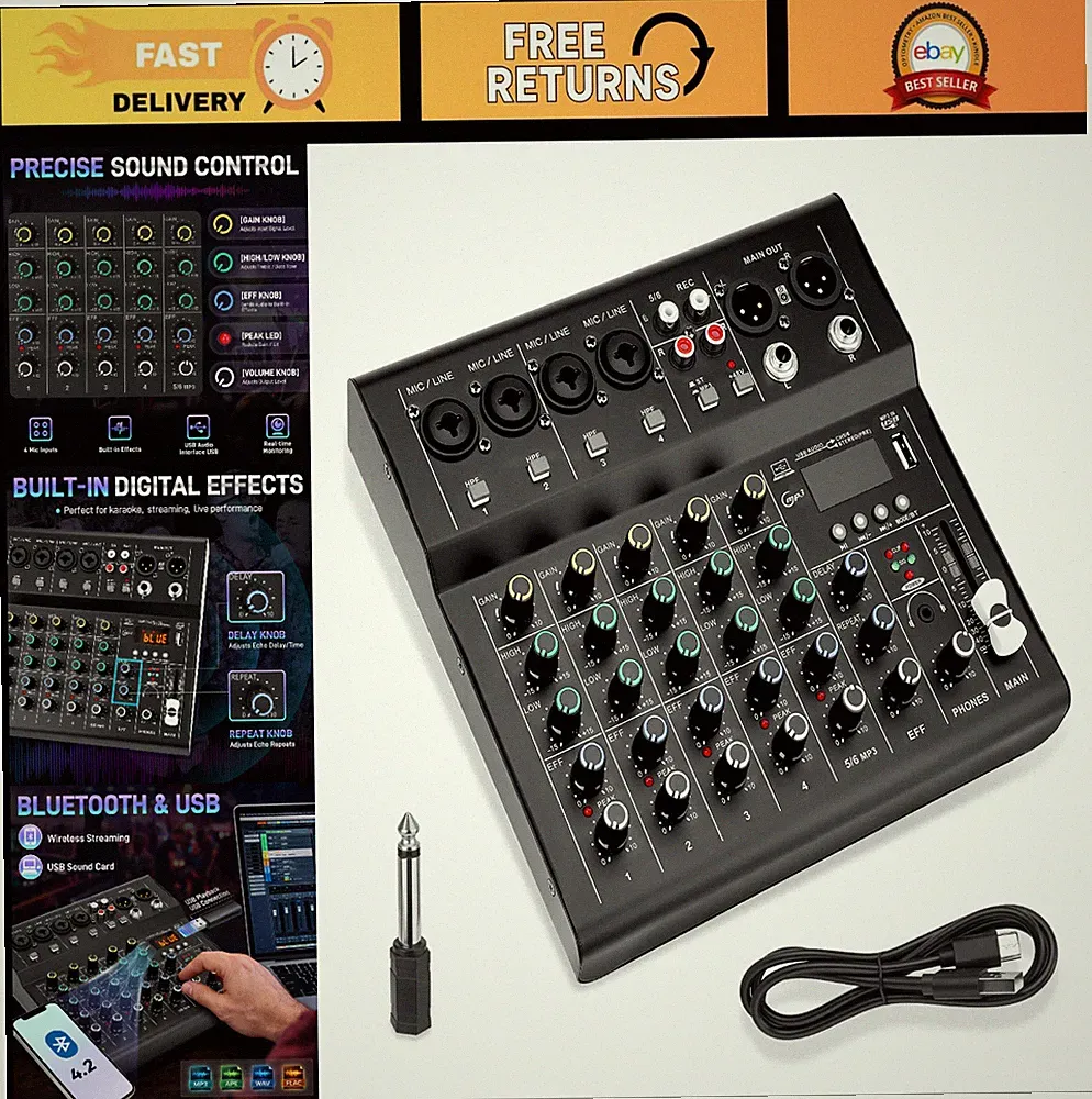 6-Channel Audio Mixer for Beginners, Bluetooth, USB/MP3 Sound Card, DJ Equipment