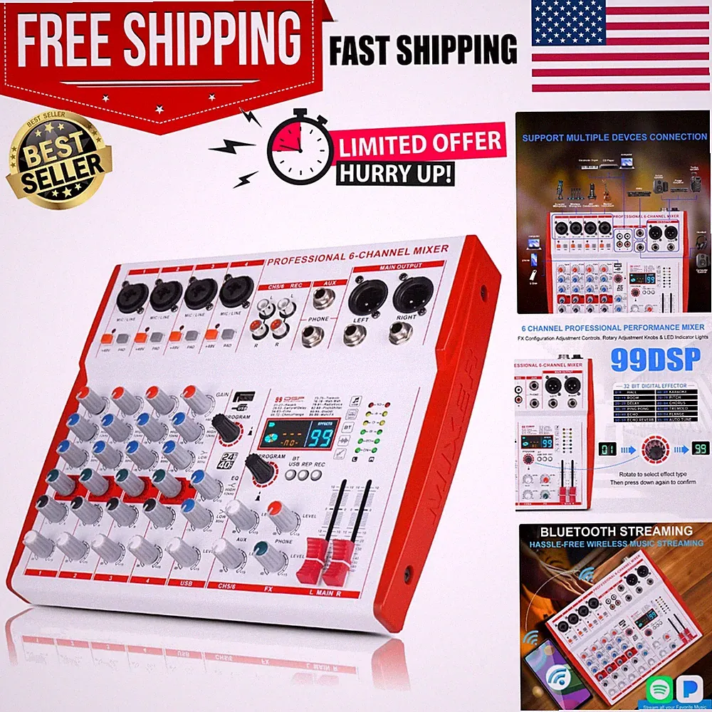 6 Channel DJ Mixer with Built-in Recording and 99 Effects - Lightweight Design