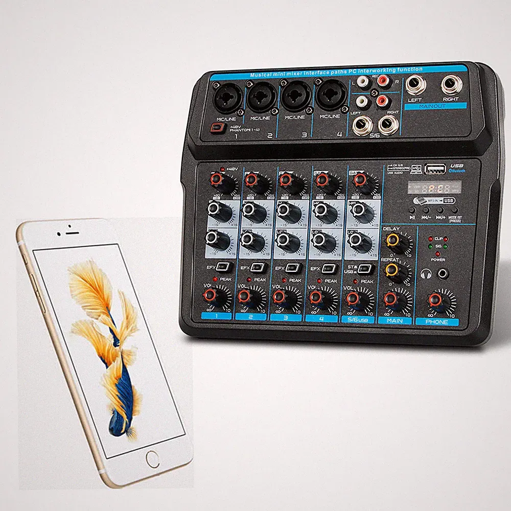 6 Channel Live Studio Audio Mixer USB Bluetooth DJ Sound Mixing Console Amplifie