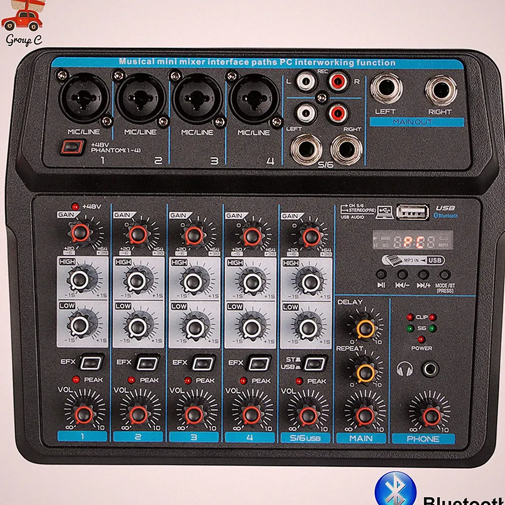 6 Channel Live Studio Audio Mixer USB Bluetooth DJ Sound Mixing Console Amplifie