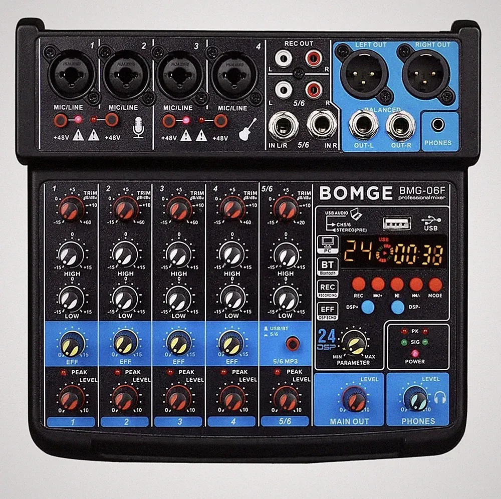 6 Channel mini DJ Audio sound mixer console with USB interface, Bluetooth, St...