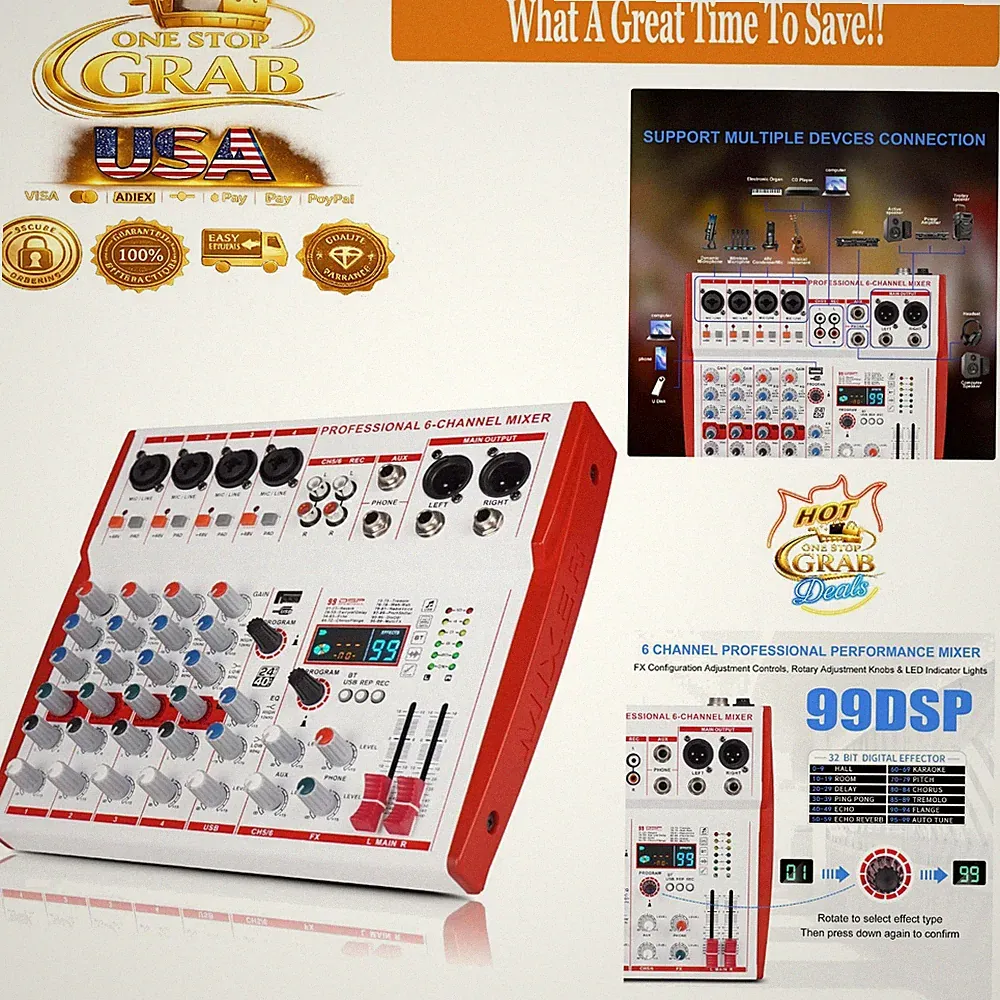 6 Channel Professional DJ Audio Mixer with DSP Effects for Streaming & Recording