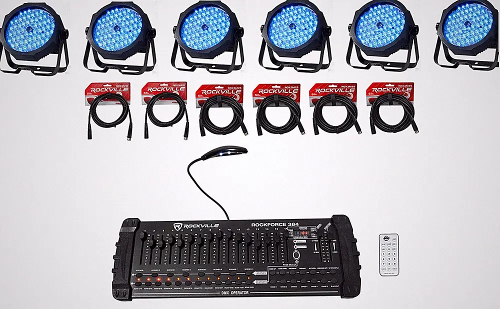 (6) Eliminator ADJ MEGA GO PAR 64E RGB+UV PAR Wash Lights+DMX Controller+Remote